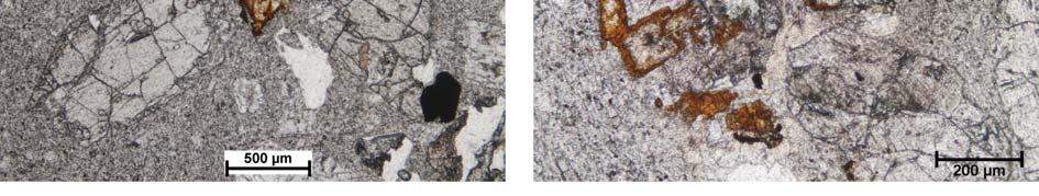 ábra: mikroszkópos felvétel (1N): ilmenit-szemcse az alapanyagban (Domoszló, 1. típus). / 11/d. ábra: mikroszkópos felvétel (+N): kőzetüveg kezdődő devitrifikációja az alapanyagban (Domoszló, 1.