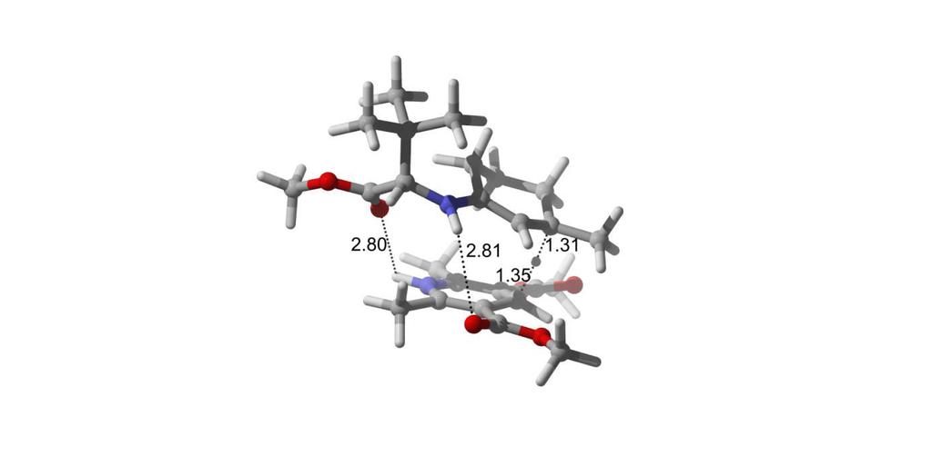 5.15. ábra A melléktermék képz désének els átmeneti állapota, imínium katalízis feltételezésével, trifluoro-acetát-ion nélkül A két szerkezeten alapvet en megfigyelhet, hogy legf képp diszperziós