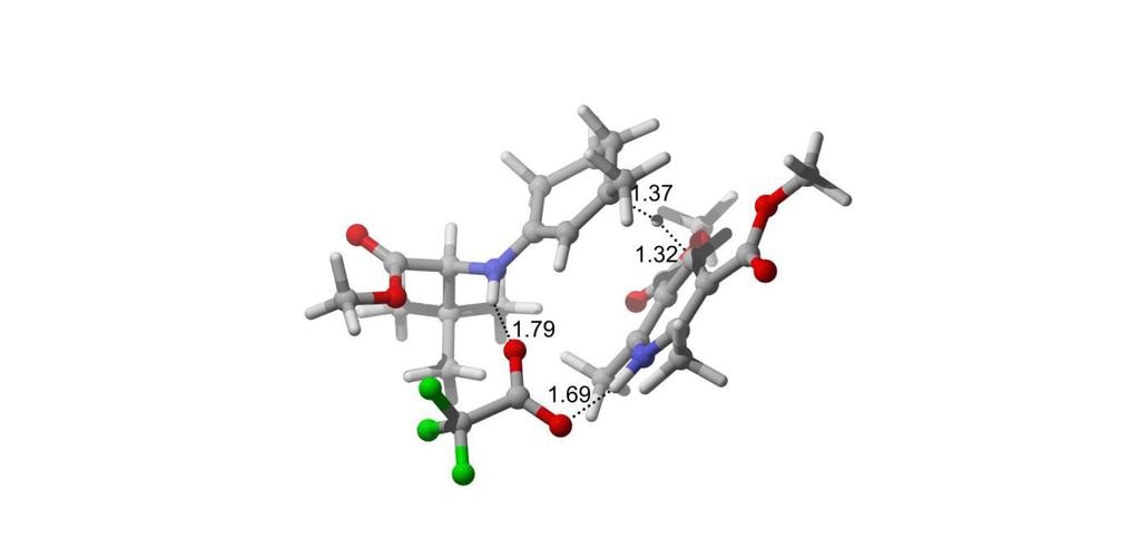 ábra A melléktermék képz désének els átmeneti állapota imínium-katalízis feltételezésével, trifluoro-acetát-ion jelenlétében Az itt látható két átmeneti állapot esetén közös