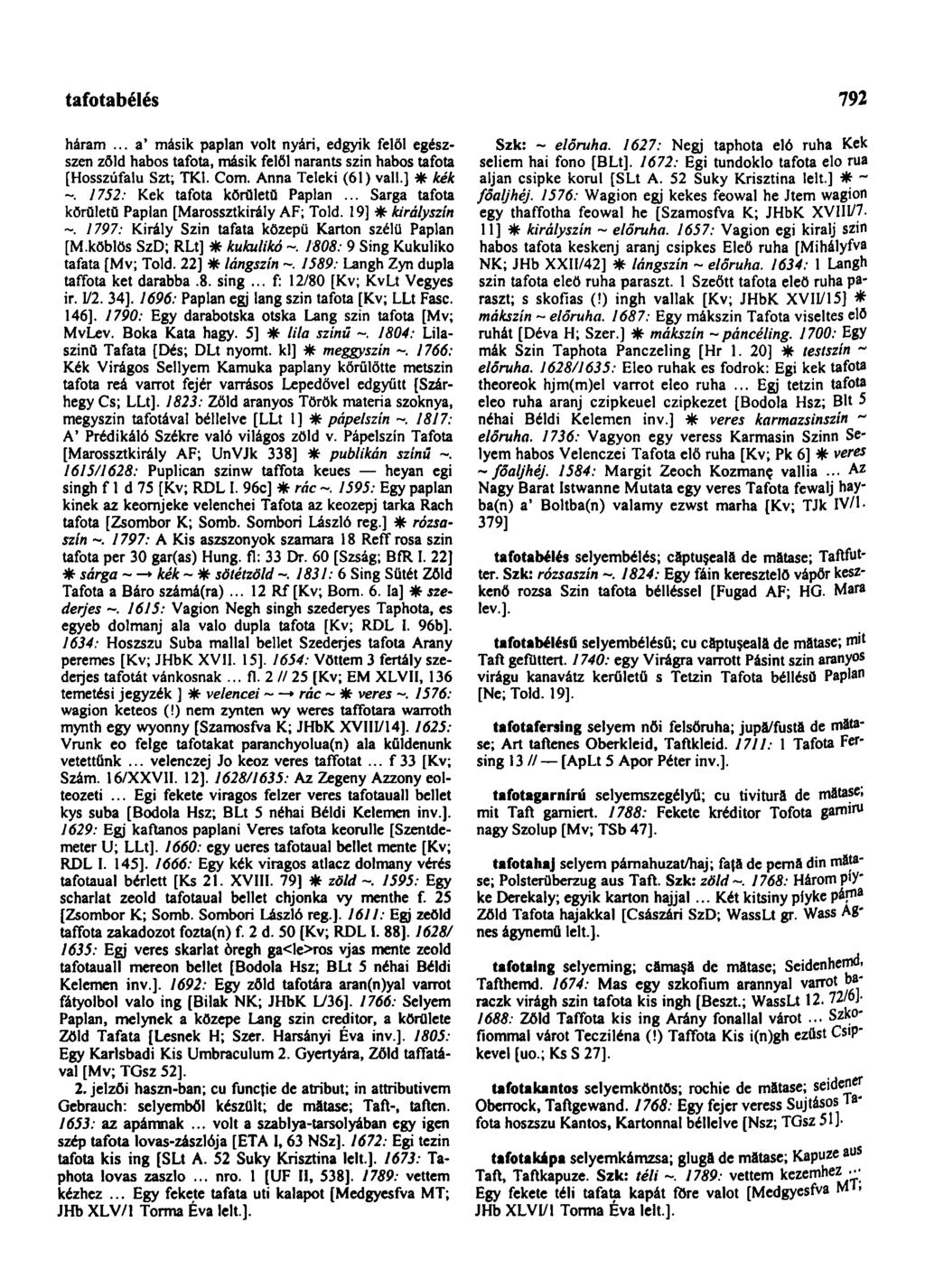 taſotabélés 792 háram... a' másik paplan volt nyári, edgyik felől egészszen zöld habos tafota, másik felől narants szin habos tafota [Hosszúfalu Szt; TK1. Com. Anna Teleki (61) vall.] * kék -.