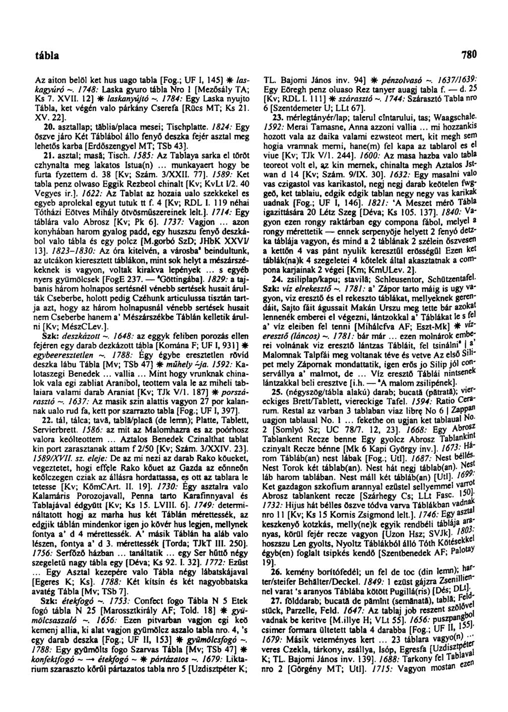 tábla 780 Az aiton belől ket hus uago tabla [Fog.; UF I, 145] * laskagyúró 1748: Laska gyuro tábla Nro 1 [Mezősály TA; Ks 7. XVII.