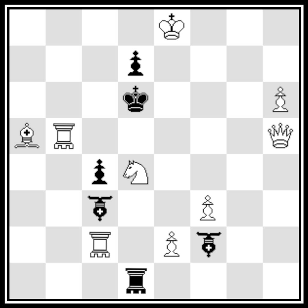5 B7 Unto Heinonen: I. 1. e2 sqb6 2. Cb8 sqc6 3. bxc6 sqa8#; II. 1. d1s sqe8 2. Sd6 sqd4 3. exd4 sqd3#; III. 1. Cg8 sqf6 2. Dc6 sqe6 3. fxe6 sqf7#. B8 - Václav Kotešovec: I. 1. Dh6 ce5 2. Sd4 cc6 3.