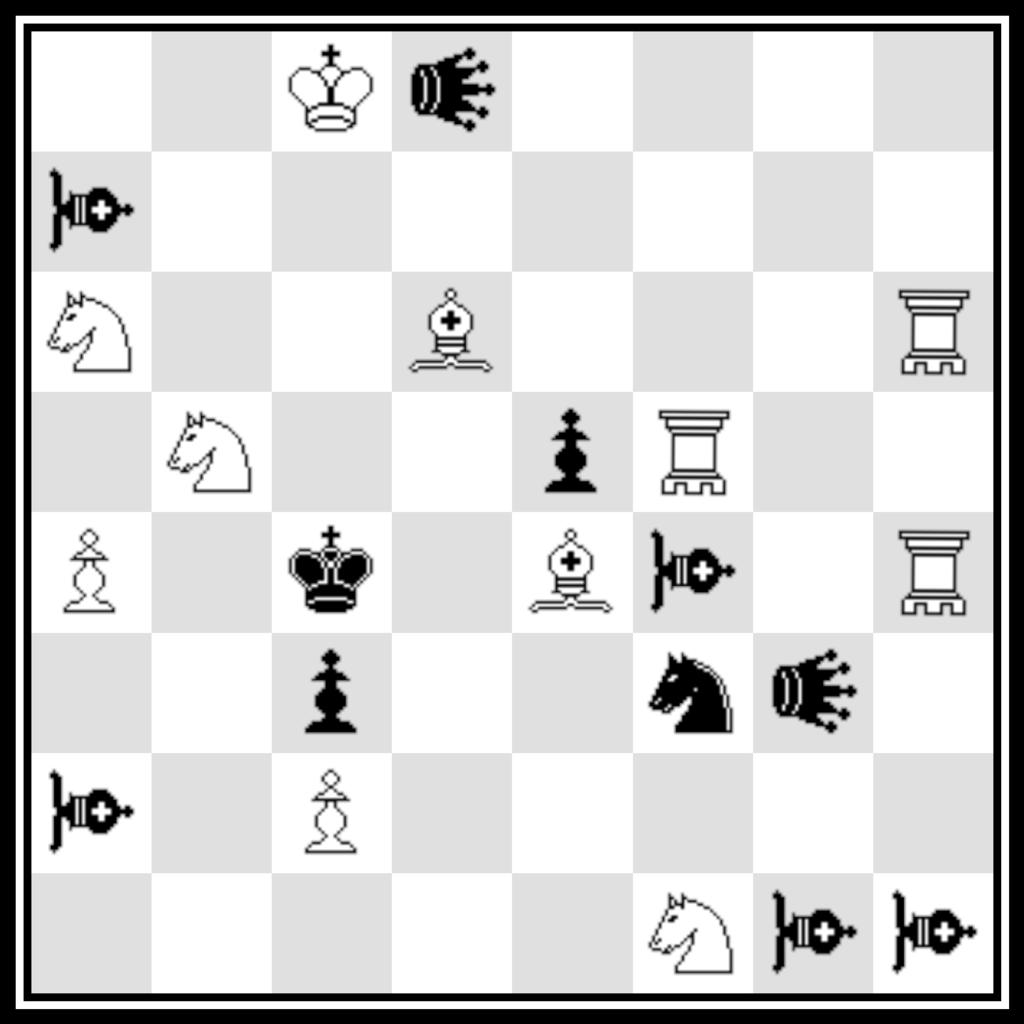 12+7 B16 - Torsten Linss: I. 1. Ke4 mc2 2. Wh2 mh7 3. Wd6 cg6#, II. 1. Kd4 zd2 2. Wf2 zd8 3. Wf5 cd7#.