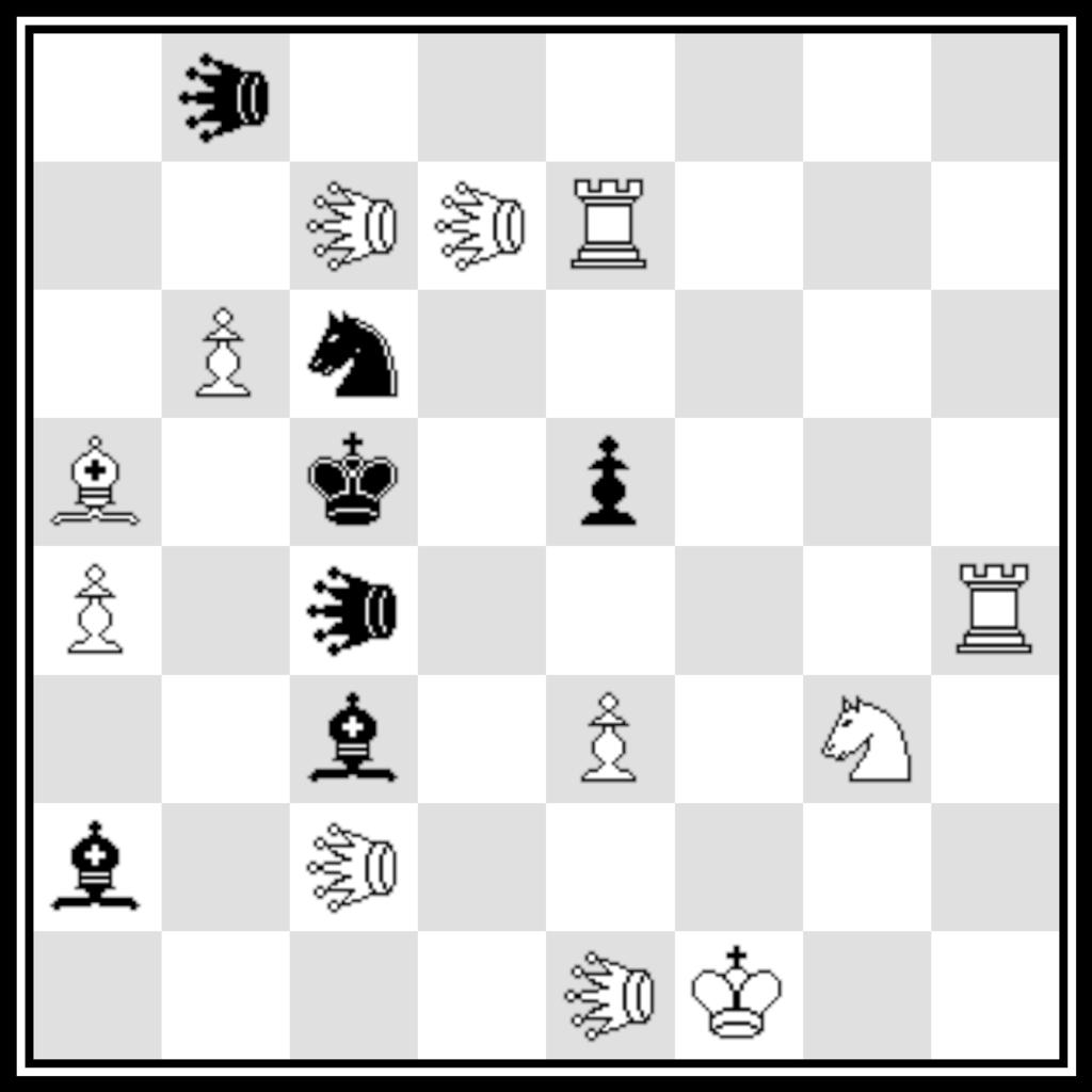 ; 1. tc6! (A) [1. fc5# (B)] 1.... Md6 (A) 2. ca3# (C), 1.... C~ (b) 2. ce3# (D), 1.... Cd4! (c) 2. fd3# (E). B20 - Waldemar Tura: 1.... c6 2.
