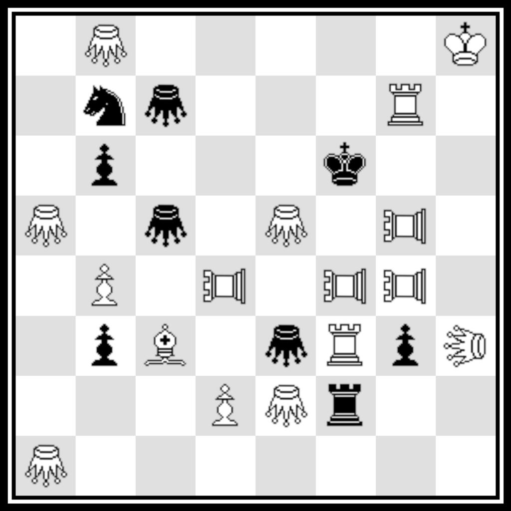 cf5! [2. ch4#] 1.... U5d5(xc5) 2. cfd4#, 1.... U2d5(xc4) 2. ced4#, 1.... Ud2 (xe2) 2. ch6#, 1.... Ub7 (xb6) 2. cg1#. B23 - Jean Marc Loustau: 1.