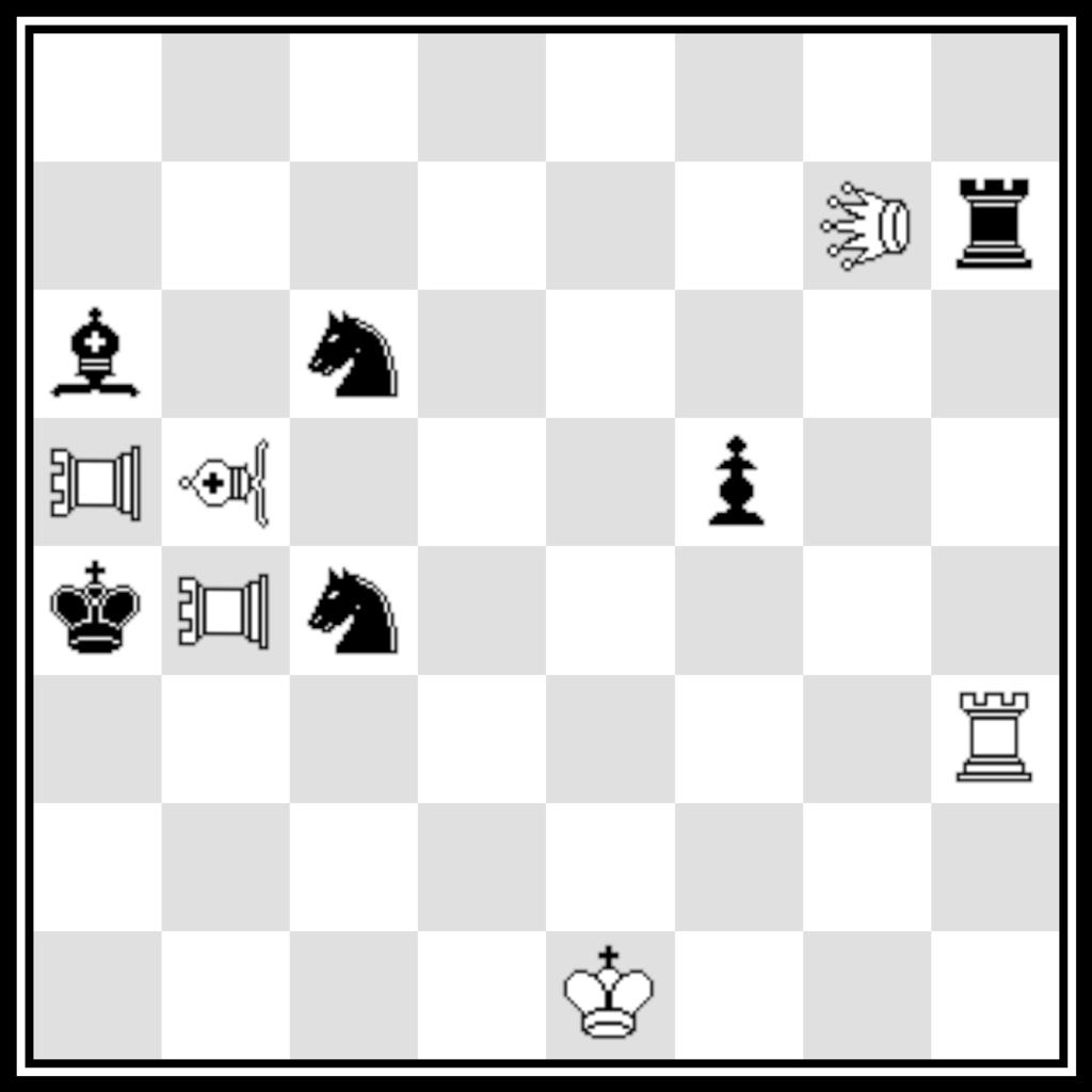 [2. sqxc5#] 1.... Se1 (a) 2. uvh4# (B), 1.... Sa3 (b) 2. sqd4# (A), 1.... Sxa5 (c) 2. yxf2 (D), 1.... Cd6!; 1. yd6! [2. sqexc7#] 1.... Se1 (a) 2. ygf5# (C), 1.