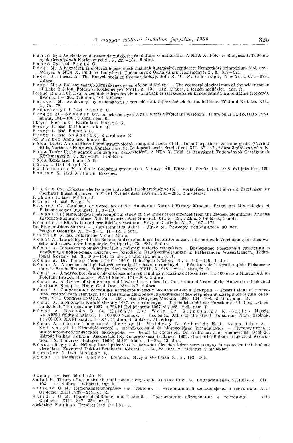 A magyar földtant irodalom jegyzéke, 1969 325 P an tó Gy.: Az elektronmikroszonda működése és földtani vonatkozásai. A MTA X. Föld- és Bányászati Tudományok Osztályának Közleményei 2., 3., 263-281.