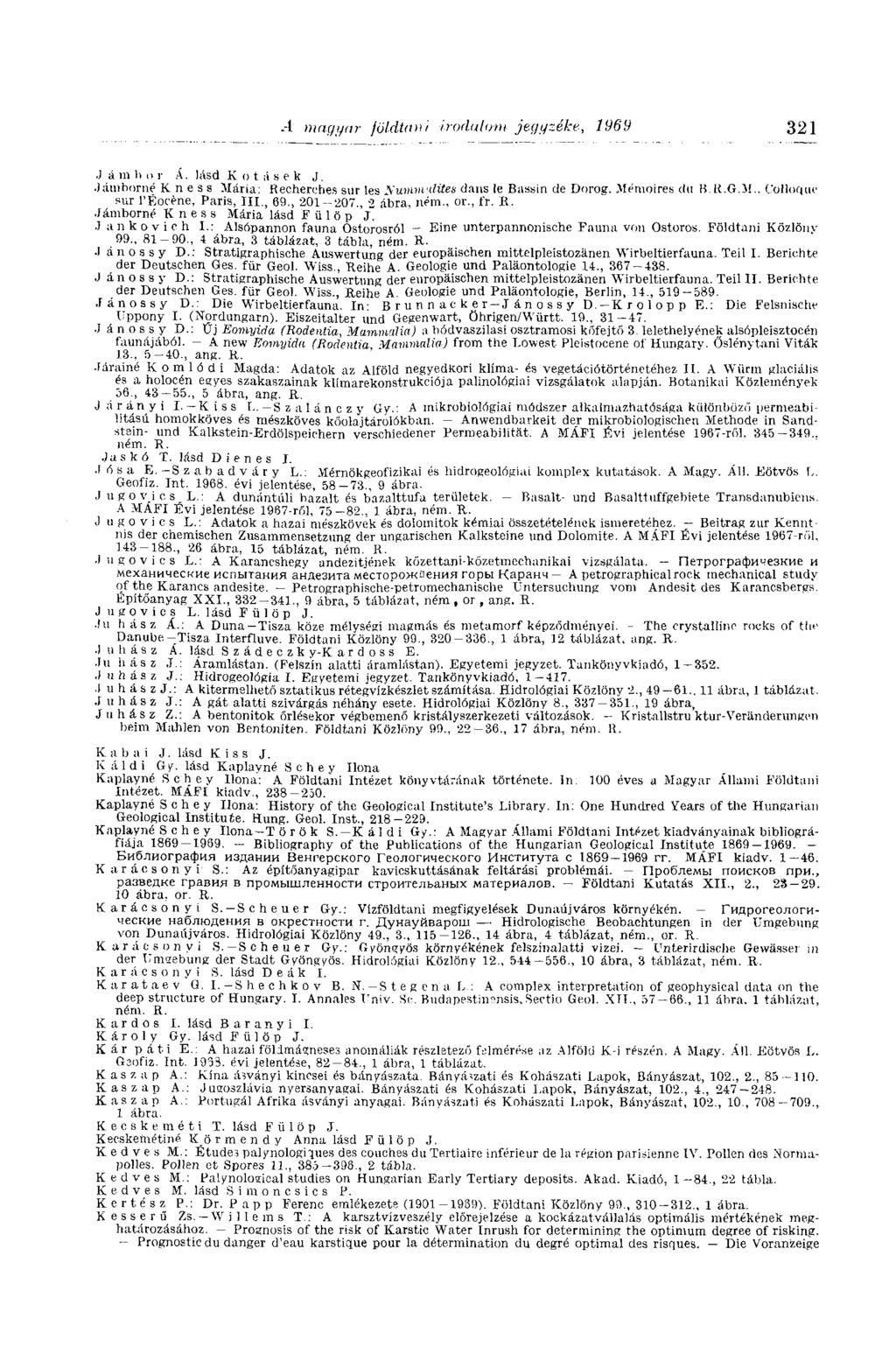.-1 magyar földtani irodalom jegyzéke, 1969 321 J á m b о г A. lásd К о t il s e к J. Jáinborné К n e s s Mária: Recherches sur les Numm-dites dans le Bassin de Doroff. Mémoires du B.R.G.M.. Colloque sur l'éocène, Paris, III.
