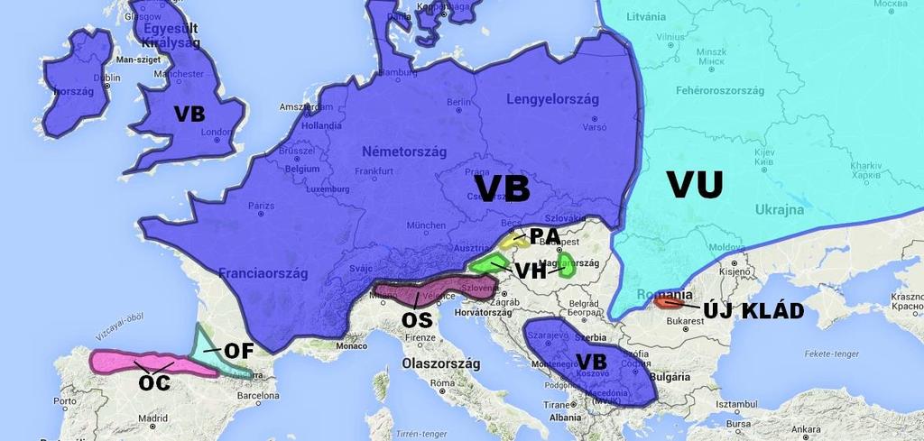 25. ábra: a Zootoca vivipara haplocsoportjainak térbeli elhelyezkedése Európában, Heulin et al.