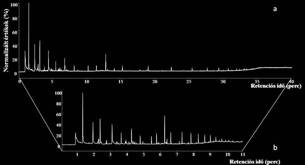 5.1. HS-SPME-GC-MS módszer fejlesztése gombatermesztésben kártékony penészek jelenlétének indikálására 5.1.1. A kromatográfiás módszer kidolgozása A kromatográfiás elválasztás optimalizálása során Trichoderma aggressivum f.