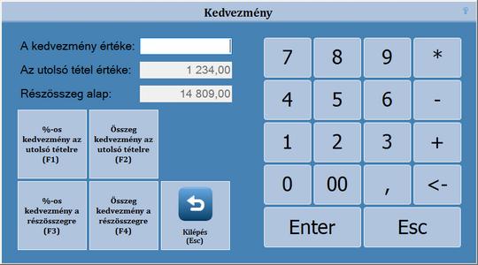 Tétel kedvezmény (F2) A programban lehetőség van %-os és összeg kedvezmény adására. Kedvezményt csak az eladási lista legutolsó tételére lehet adni az F2-t vagy a KEDVEZMÉNY gombot megnyomva.