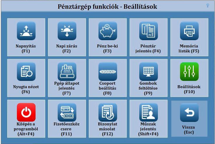 9. Szerviz (Pénztárgép funkciók) A pénztárgép funkciók, valamint a program beállításai a SZERVIZ (F12) gomb megnyomásával érhetőek el.