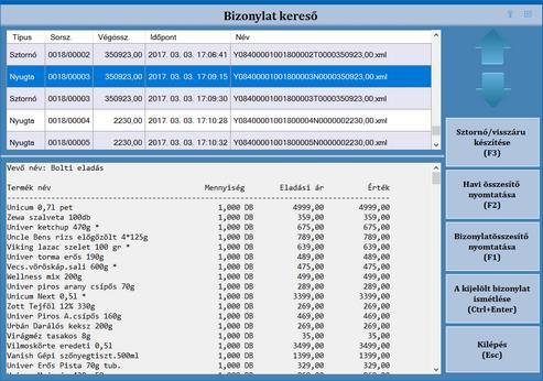 Bizonylat kereső (F6) A bizonylat kereső modulban, az elkészült eladási bizonylatok listája tekinthető meg. A tételek között a fel-le nyilakkal lehet mozogni.