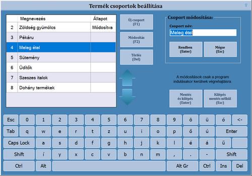 Csoport beállítás (F8) A termék csoportok beállításánál, azt lehet megadni, hogy az eladási ablak felső részén található csoport gombokhoz milyen név tartozzon.