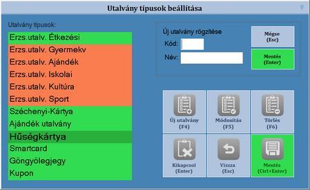 Utalvány típus beállítása Az UTALVÁNY TÍPUSOK BEÁLLÍTÁSA gombra kattintva lehet beállítani, az utalványos fizetésnél megjelenő utalvány típusokat.