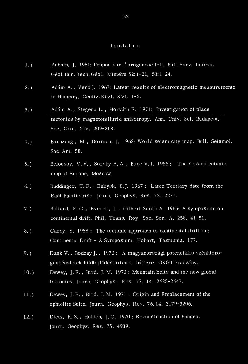 1971: Investigation of piacé tectonics by magnetotelluric anisotropy, Ann. Univ. Sci. Budapest. Sec. Geol. XIV. 209-218. 4.) Barazangi, M., Dorman, ]. 1968: World seismicity map. Bull, Seismol. Soc.