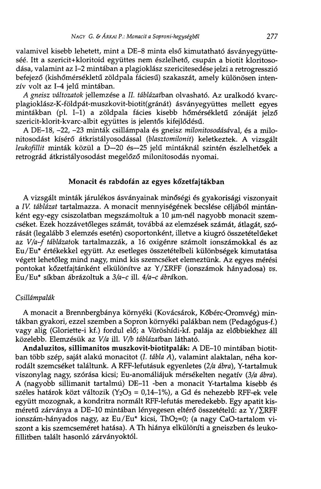 NAGY G. & ÁRKAI P.: Monacit a Soproni-hegységből 277 valamivel kisebb lehetett, mint a DE-8 minta első kimutatható ásványegyütteséé.