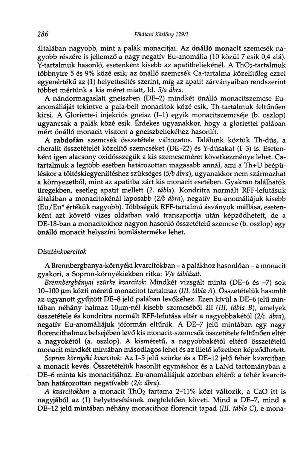 286 Földtani Közlöny 129/1 általában nagyobb, mint a palák monacitjai. Az önálló monacit szemcsék nagyobb részére is jellemző a nagy negatív Eu-anomália (10 közül 7 esik 0,4 alá).
