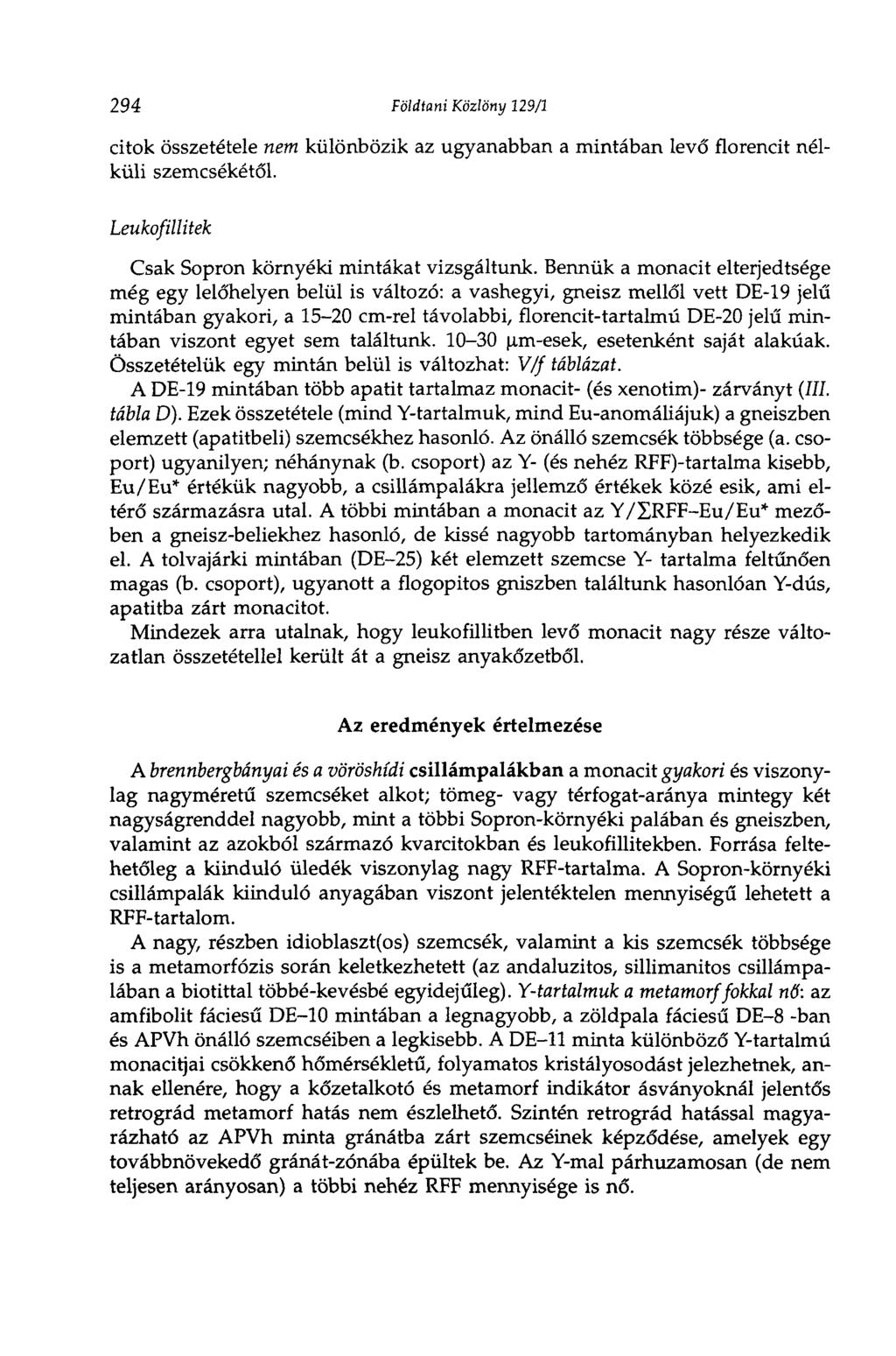 294 Földtani Közlöny 129/1 citok összetétele nem különbözik az ugyanabban a mintában levő florencit nélküli szemcsékétől. Leukofillitek Csak Sopron környéki mintákat vizsgáltunk.