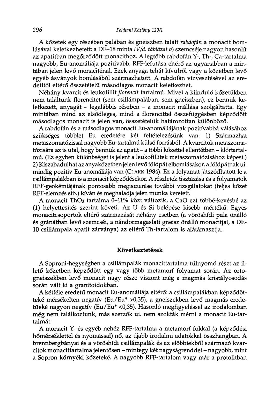296 Földtani Közlöny 129/1 A kőzetek egy részében palában és gneiszben talált rabdofán a monacit bomlásával keletkezhetett: a DE-18 minta IV/d.