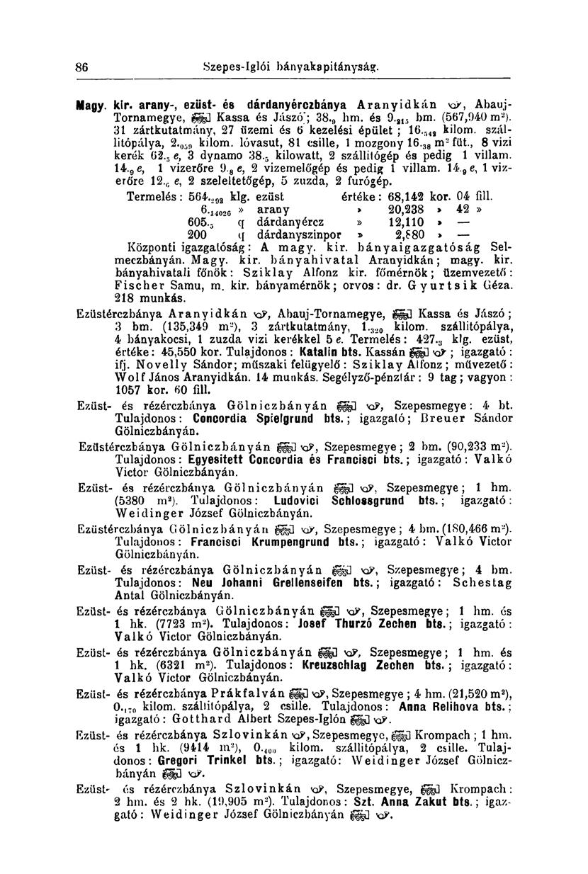 86 Szepes-Iglói bányakapitányság. Magy. kir. arany-, eziist- és dárdanyérczbánya Aranyidkán xp, Abauj- Tornamegye, ÜB Kassa és Jászó"; 38. ft hm. és 9. alr, bm. (567,940 m 2 ).