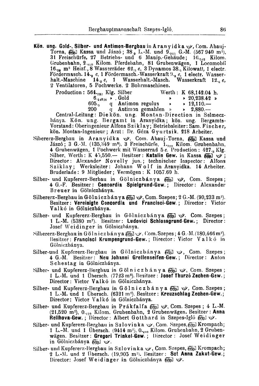Berghauptmannschaft Szepes-Igló. 1)3 Kön. ung. Gold-, Silber- und Antimon-Bergbau in Aranyidka Com. Abauj- Torna, gggü Kassa und Jászó; 38 9 L.-M.