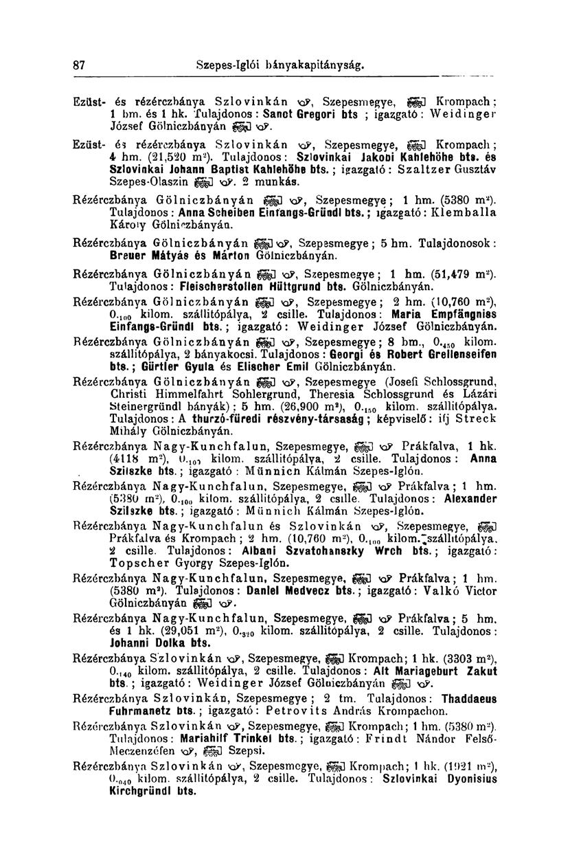 87 Szepes-Iglói bányakapitányság. Eziist- és rézérczbánya Szlovinkán KP, Szepesmegye, gggű Krompach; 1 bm. és 1 hk. Tulajdonos: Sanct Gregori bts ; igazgató: Weidinger József Gölniczbányán FGFL KP.