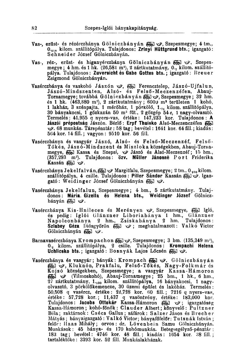 82 Szepes-Iglói bányakapitányság. Vas-, ezüst- és rézérezbánya Gölniczbányán KP, Szepesmegye; 4 tm., 0. 2, 0 kilom. szállitópálya. Tulajdonos: Zrínyi Hüttgrund bts.