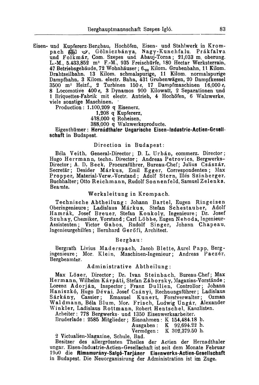 Berghauptmannschaft Szepes-Igló. 83 Eisen- und Kupfererz-Bergbau, Hochöfen, Eisen- und Stahlwerk in Krompach glgd va?, Gölniczbánya, Nagy-Kunchfalu. Prákfalva und Folkmár, Com.