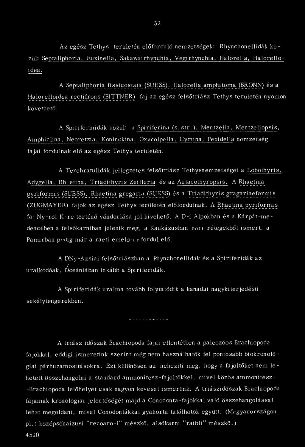 A Spiriferinidák közül: a Spiriferina (s. s t r.), Mentzelia, Mentzeliopsis, Amphiclina, Neoretzia, Koninckina, Oxycolpella, Cyrtina, Pexidella nemzetség fajai fordulnak elő az egész Tethys területén.