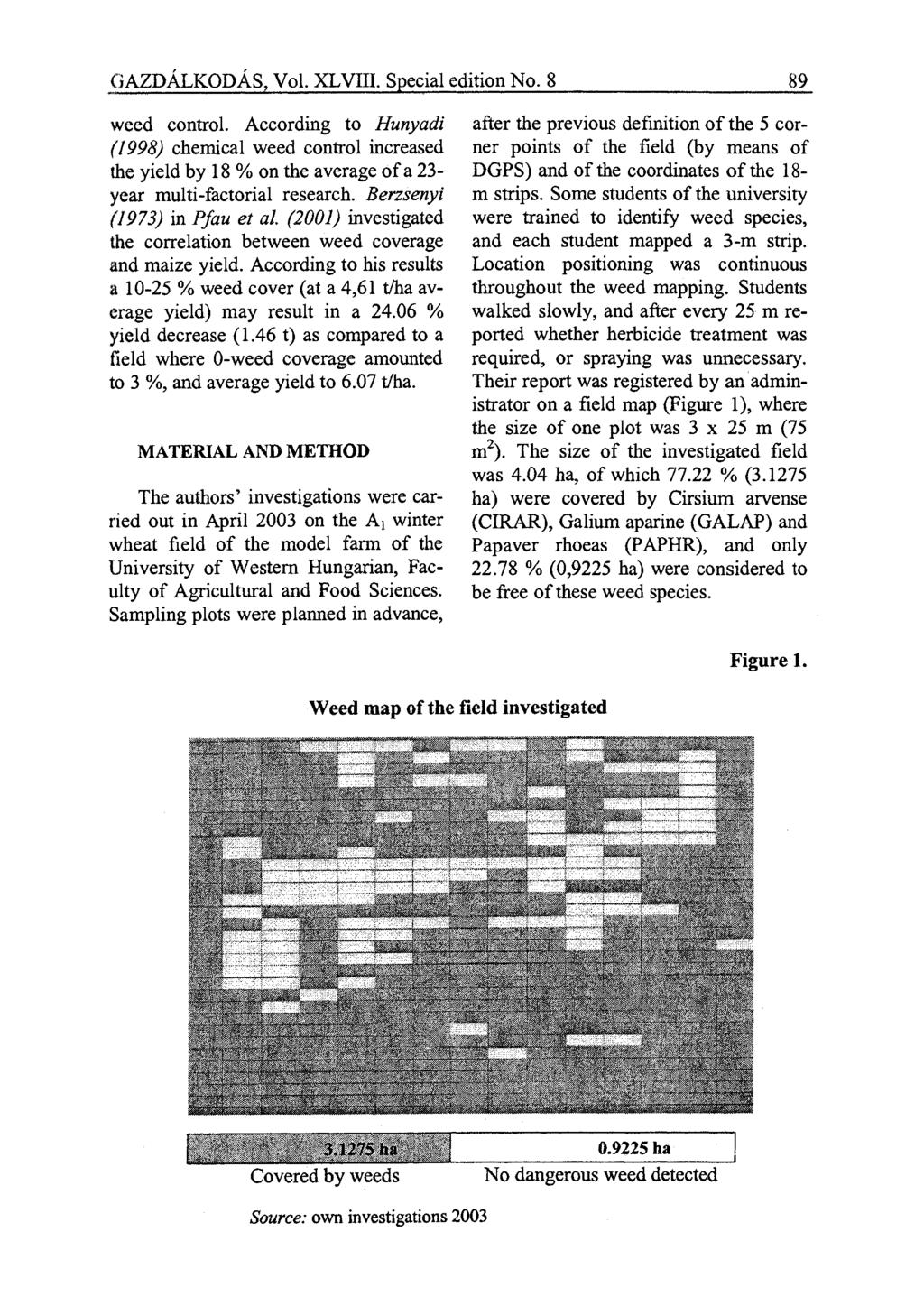 GAZDÁLKODÁS, Vol. XLVIII Special edition No. 8 89 weed control. According to Hunyadi (1998) chemical weed control increased the yield by 18 % on the average of a 23- year multi-factorial research.