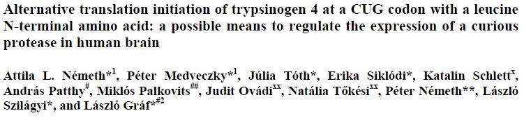 Összefoglalva a kísérleteink eredményeit, megállapítottuk, hogy a humán tripszinogén 4 vezető szekvenciájában +1 pozícióban lévő CTG kodon transzefektált HeLa és glioblasztóma sejtvonalakban alkalmas