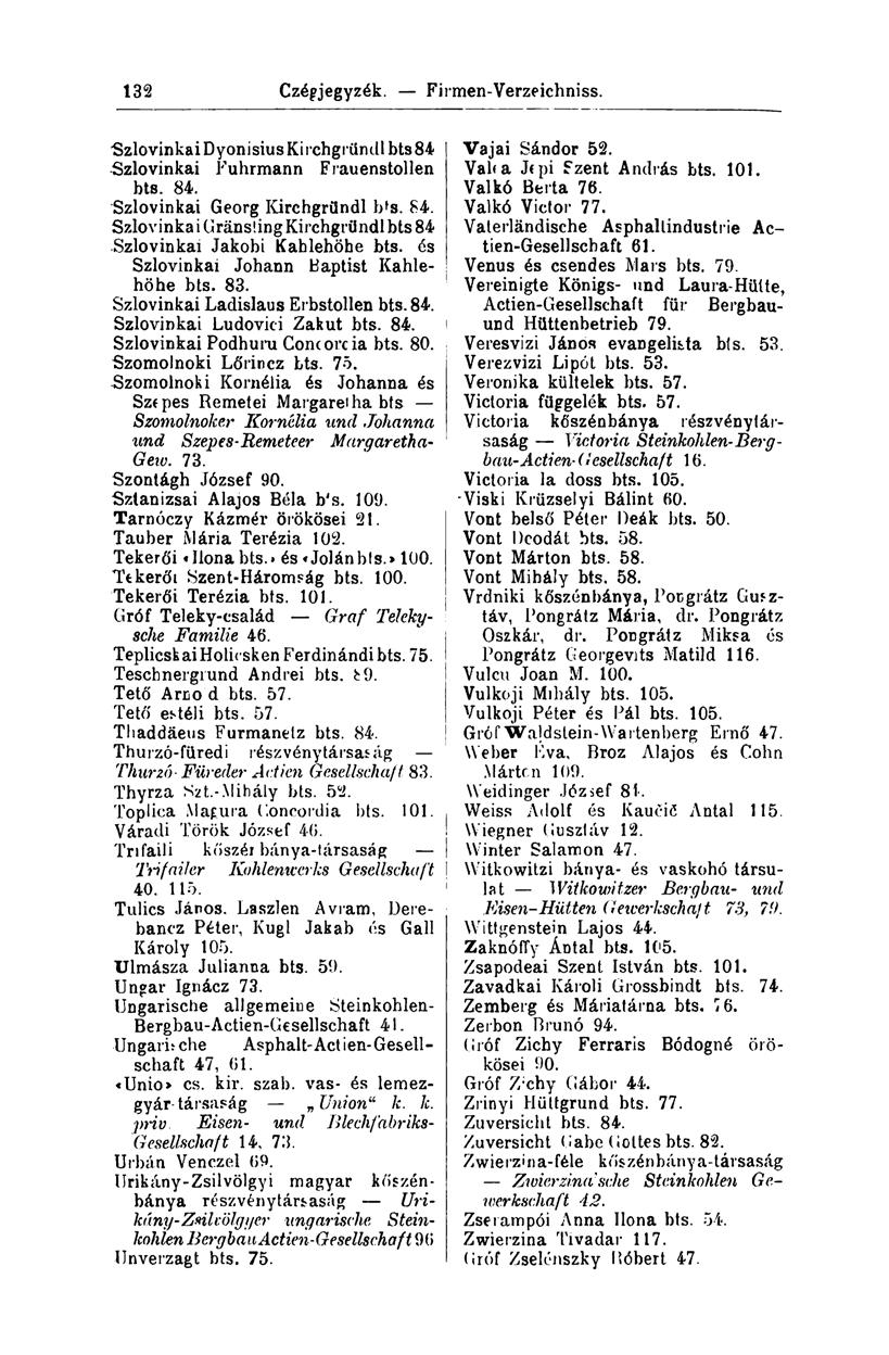 132 Czégjegyzék. - Firmen-Verzeichniss. Szlovinkai Dyonisius Ki rchgründl bts 84 Szlovinkai Fuhrmann Frauenstollen bts. 84. Szlovinkai Georg Kirchgründl b's. 84. Szlovinka i Gräns'.