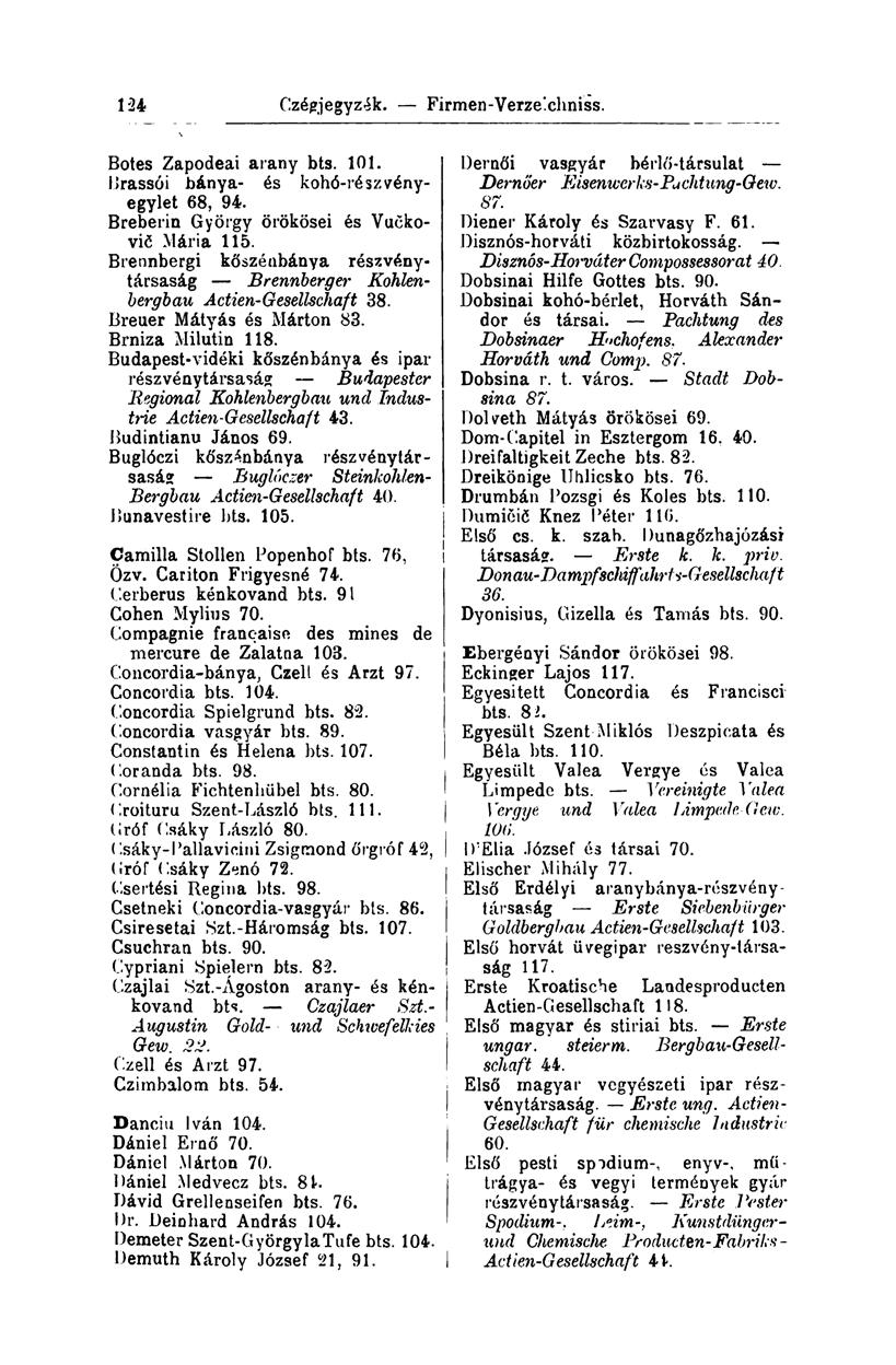 Cz'égjegyzék. Firmen-Verzeichniss. li>3 Botes Zapodeai arany bts. 101. Brassói bánya- és kohó-rész vényegylet 68, 94. Breberin György örökösei és Vuckoviő Mária 115.