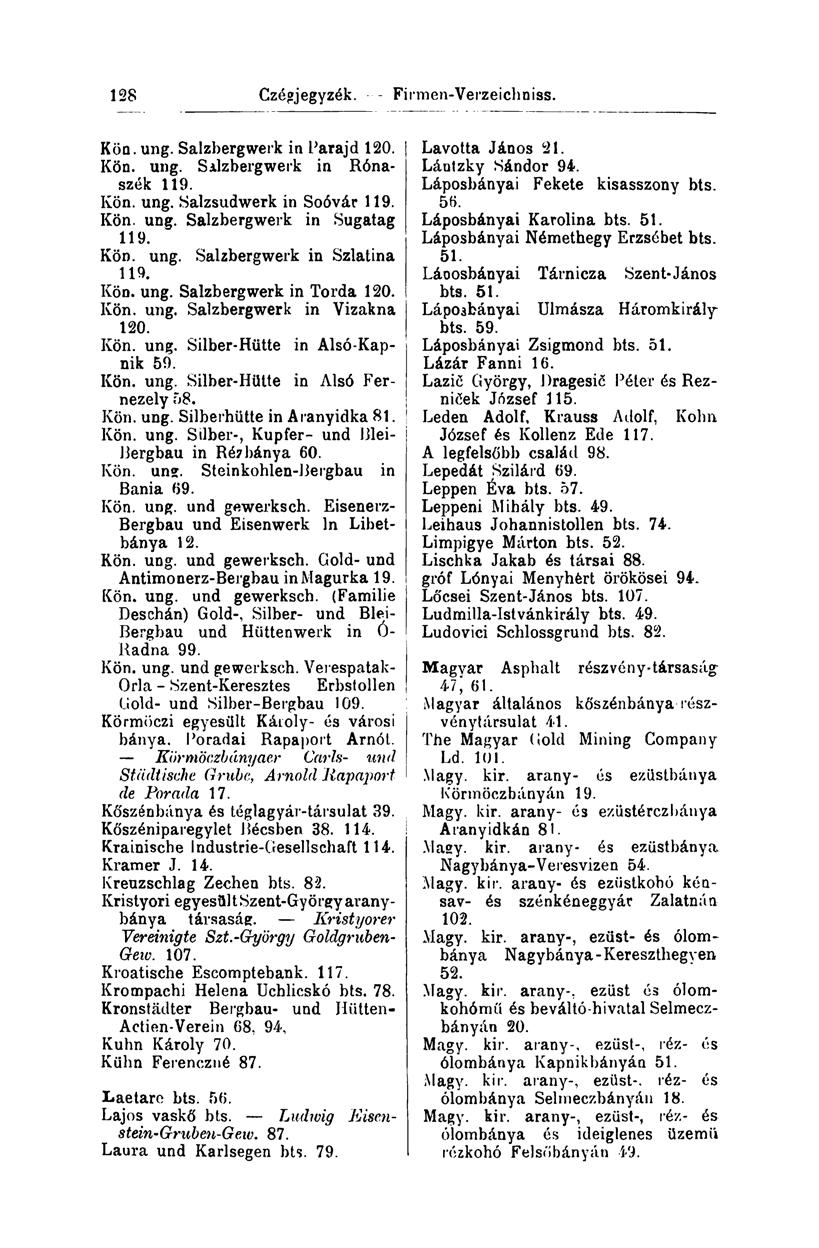 128 Czégjegyzék. - Firmen-Verzeichniss. Köa. ung. Salzbergwerk in Paraj d 120. Kön. ung. Salzbergwerk in Rónaszék 119. Kön. ung. Salzsudwerk in Soóvár 119. Kön. ung. Salzbergwerk in Sugatag 119. Kön. ung. Salzbergwerk in Szlatina 119.