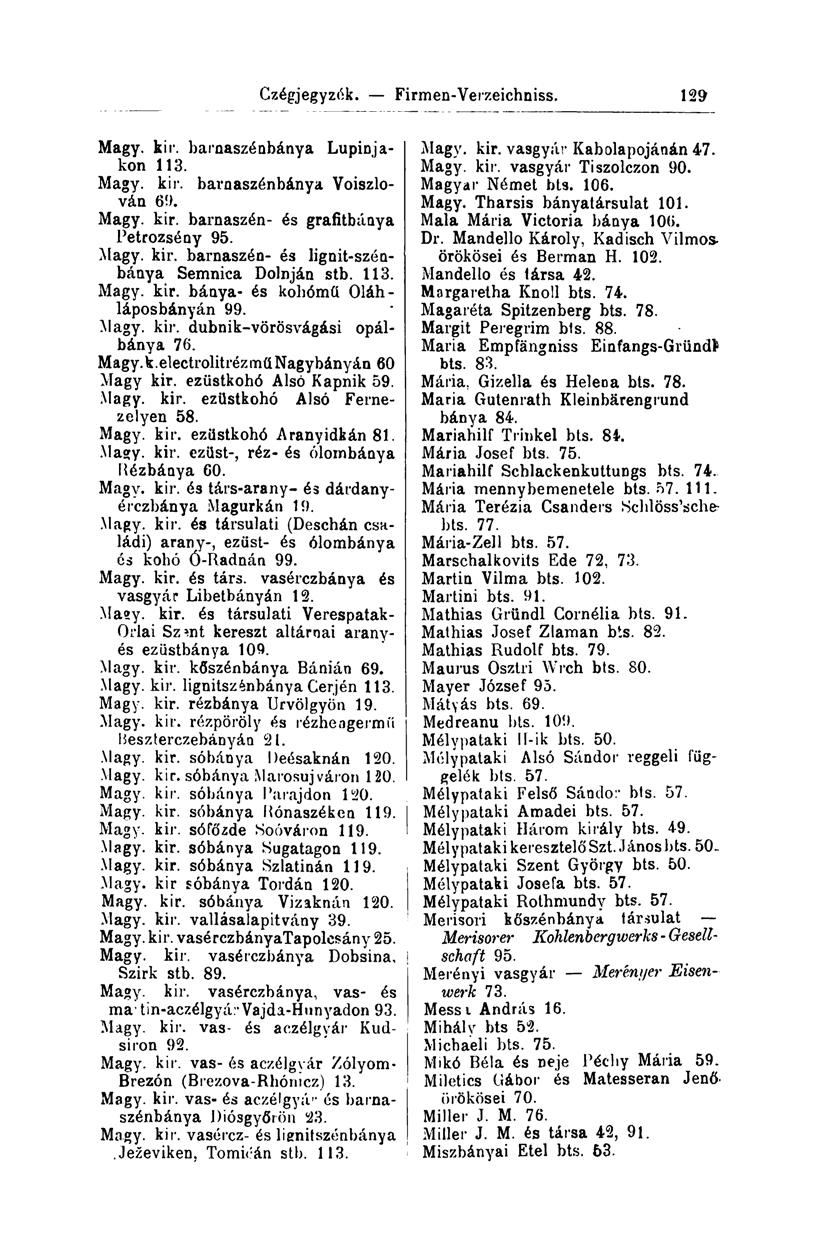 129 Magy. kir. barnaszénbánya Lupinjakon 113. Magy. kir. barnaszénbánya Voiszlován 69. Magy. kir. barnaszén- és grafitbáaya Petrozsény 95. Magy. kir. barnaszén- és lignit-szénbánya Semnica Dolnján stb.