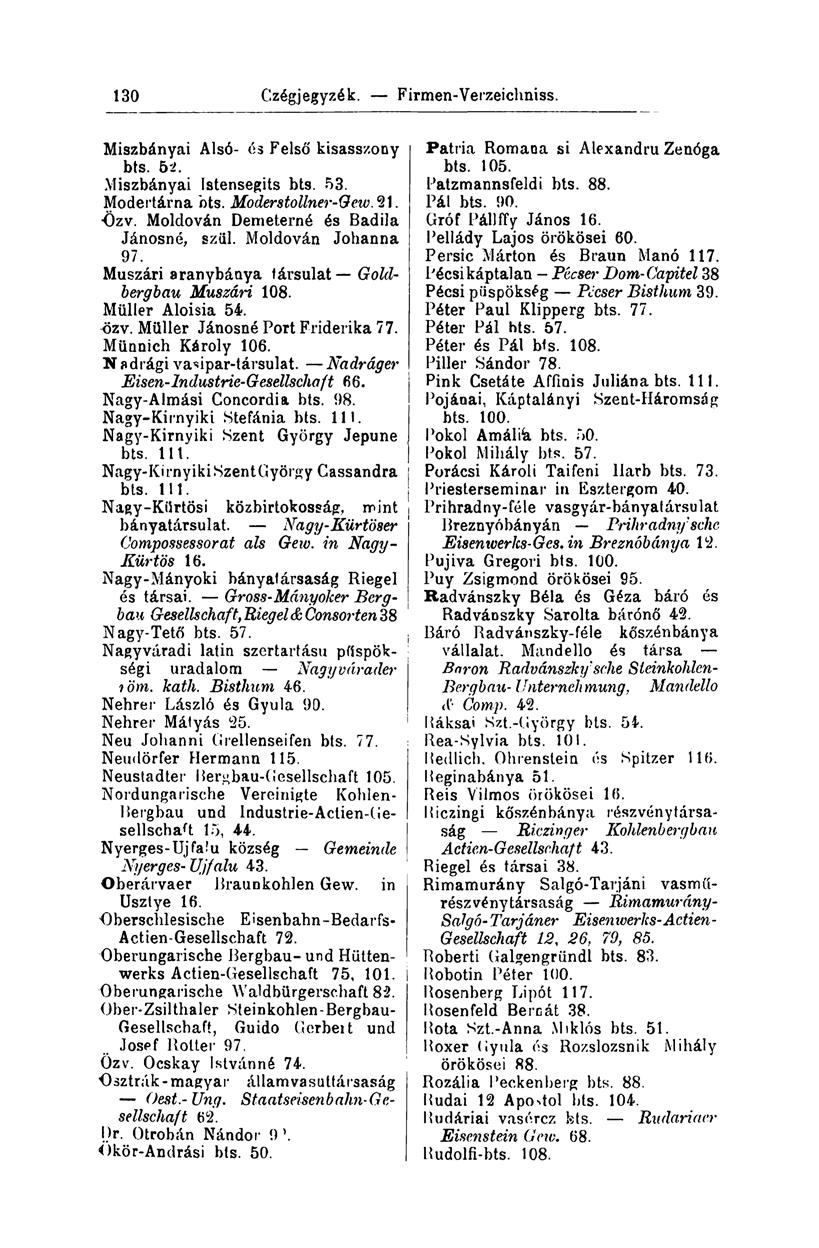 130 Czégjegyzék. - Firmen-Verzeichniss. Miszbányai Alsó- ós Felső kisasszony bts. 52. Miszbányai Istensegits bts. 53. Modertárna bts. Moderstollner-Qew.Q 1. -Özv.