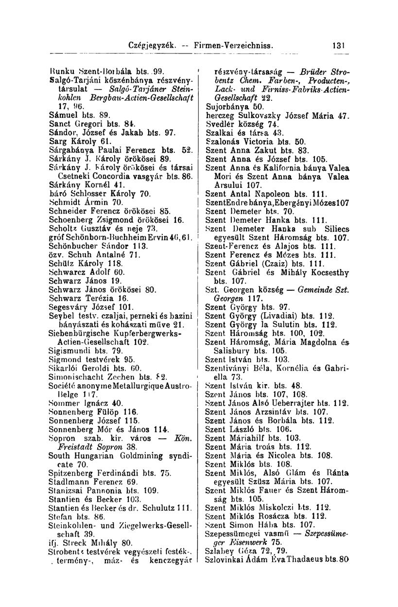 Cz'égjegyzék. Firmen-Verzeichniss. li>3 Runku Szent-Boibála bts..99. Salgó-Tarjáni kőszénbánya részvénytársulat Salgó-Tarjáner Steinkohlen Bergbau-Actien-Gesellschaf t 17, 96. Sámuel bts. 89.