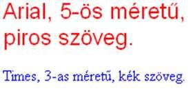 Karakterformátumok Forráskód <html> <head><title>html próbalap </title></head> <body> <p> <font size="5" face="arial" color="red"> Arial, 5-ös méretű,