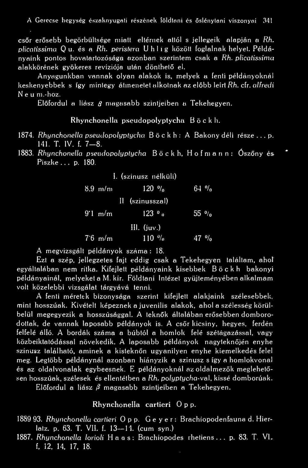 A Gerecse hegység északnyugati részének íöldtani és slénytani viszonyai 341 csr ersebb begörbüllsége miatt eltérnek attól s jellegeik alapján a Rh. plicatissima Q u. és a Rh.