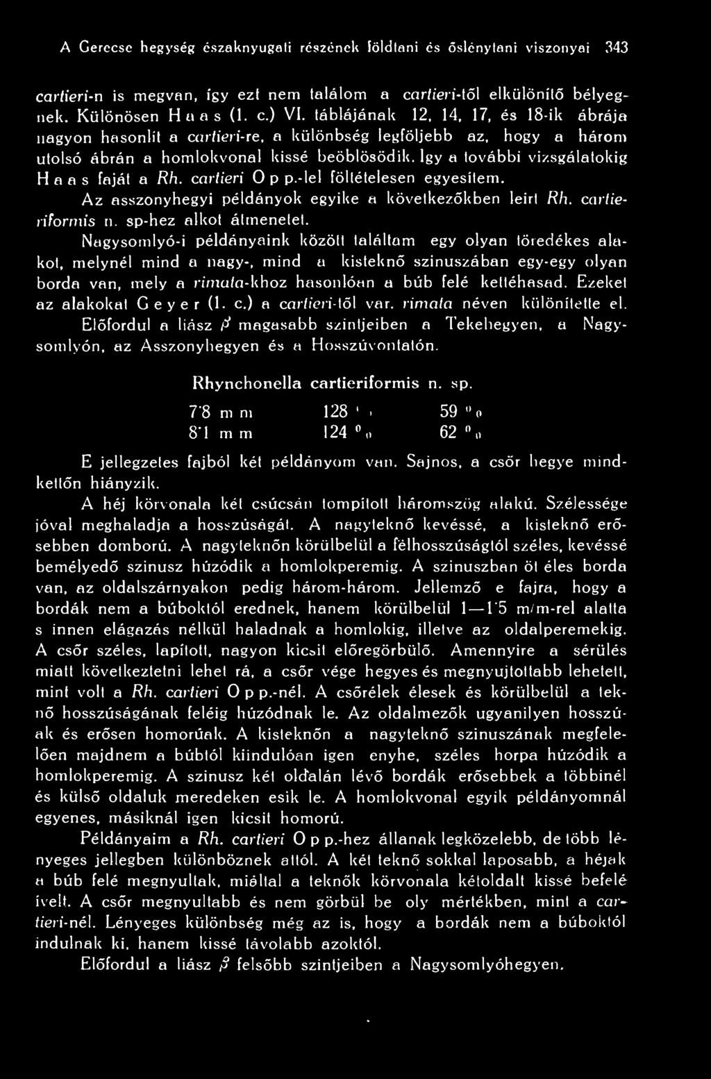 cartieri 0 p p.-lel föltételesen egyesítem. Az asszonyhegyi példányok egyike a következkben leirt Rh. cartieriforrnis n. sp-hez alkot átmenetet.