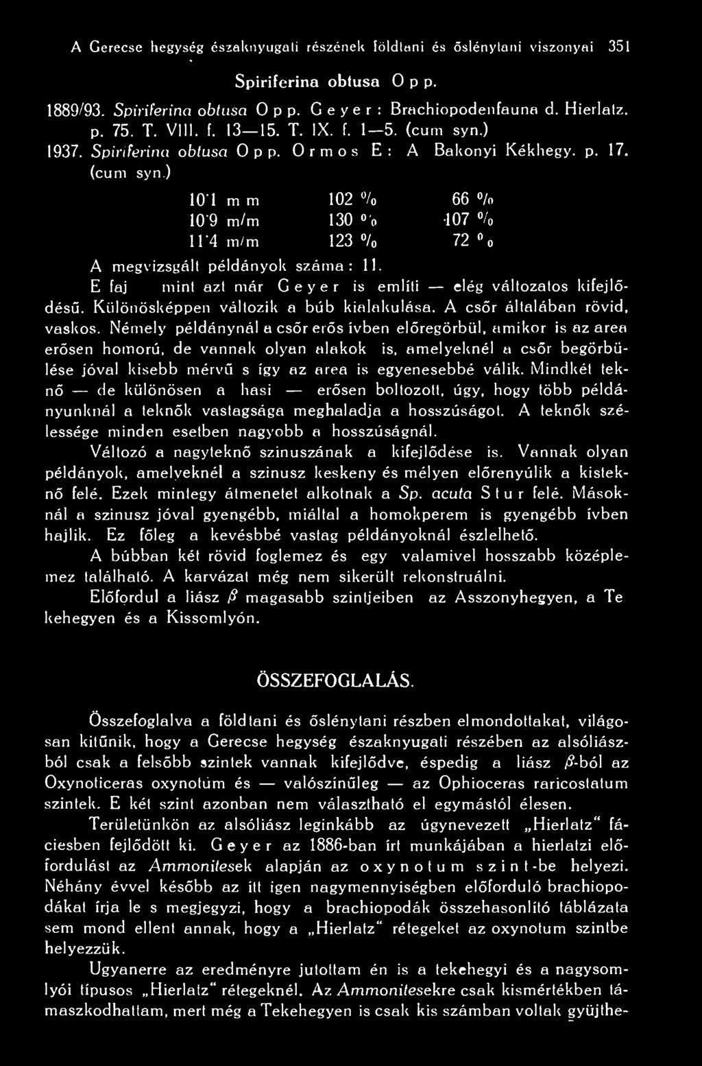 A Gerecse hegység északnyugati részének földtani és slénytani viszonyai 351 Spiriferina obtusa 0 p p. 1889/93. Spiriferina obtusa 0 p p. G e y e r : Brachiopodenfauna p. 75. T. Vili. f. 13 15. T. IX.