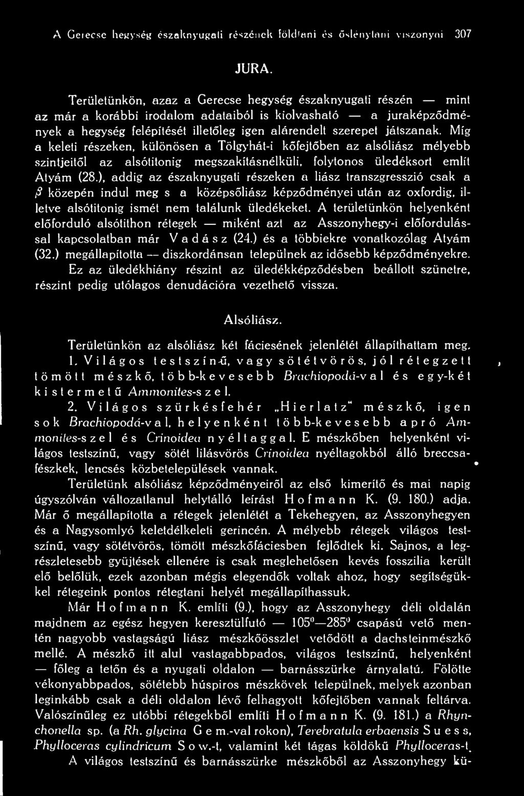 A Geiecse hegység északnyugati részének töldlani és slénytani viszonyai 307 JURA.