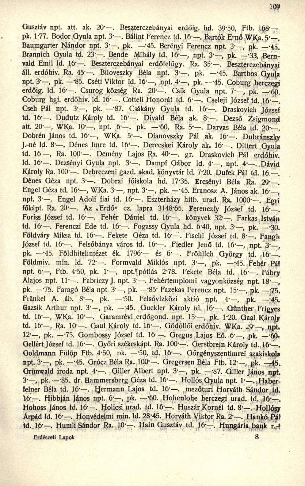 Gusztáv npt. att. ak. 20'. Beszterczebányai erdőig, hd. 39*50, Ftb. 168- pk. 1-77. Bodor Gyula npt. 3-. Bálint Ferencz td. 16. Bartók Ernő WKa.5. Baumgarter Nándor npt. 3-, pk. - 45.