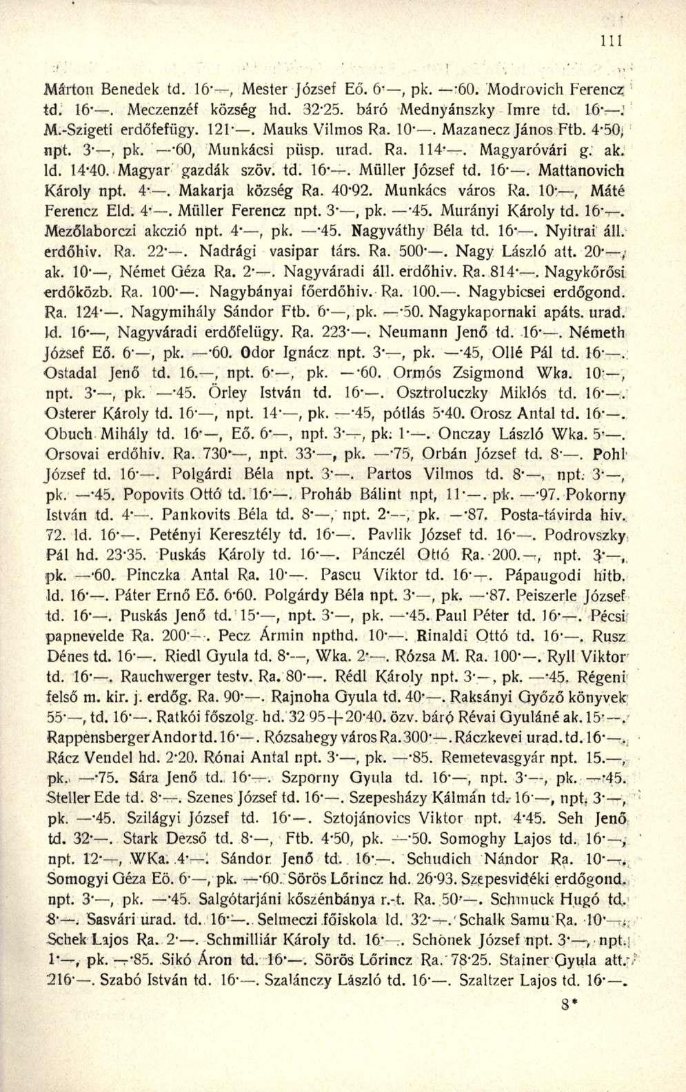 Márton Benedek td. 16', Mester József Eő. 6', pk. -60. Modrovich Ferencz ; td. 16-. Meczenzéf község hd. 32-25. báró Mednyánszky Imre td. 16-.' M.-Szigeti erdőfefügy. 121-. Mauks Vilmos Ra. 10-.