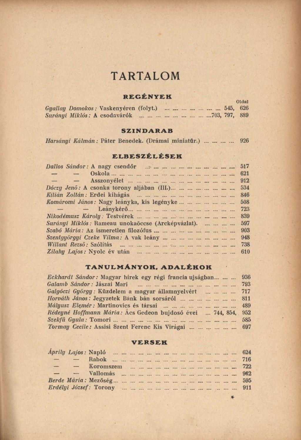 TARTALOM REGÉNYEK Oldal Gyallay Domokos : Vaskenyéren (folyt.) 545, 626 Surányi Miklós : A csodavárók 703, 797, 889 SZINDARAB Harsányi Kálmán : Páter Benedek. (Drámai miniatür.