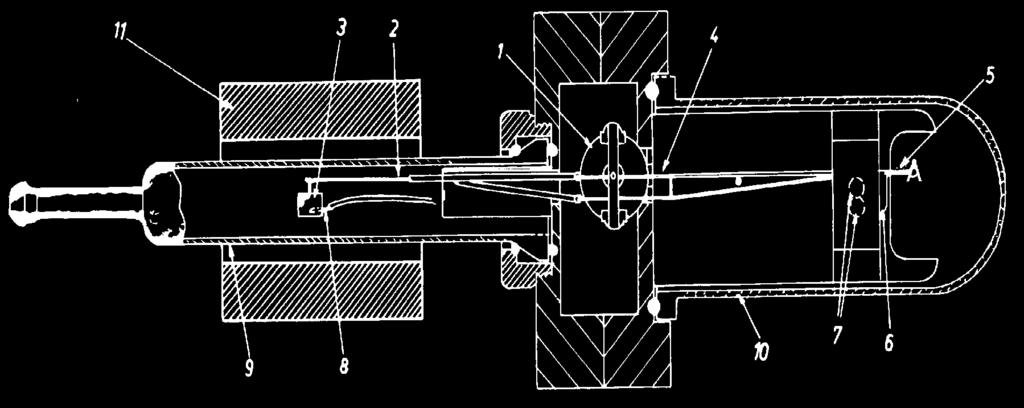 Termogravimetria (TG) tömegváltozás mérése termomérleggel (elektromos null-kompenzáció) 1 - tekercs, 2 - kvarc rúd, 3 - mintatartó, 4 - hideg