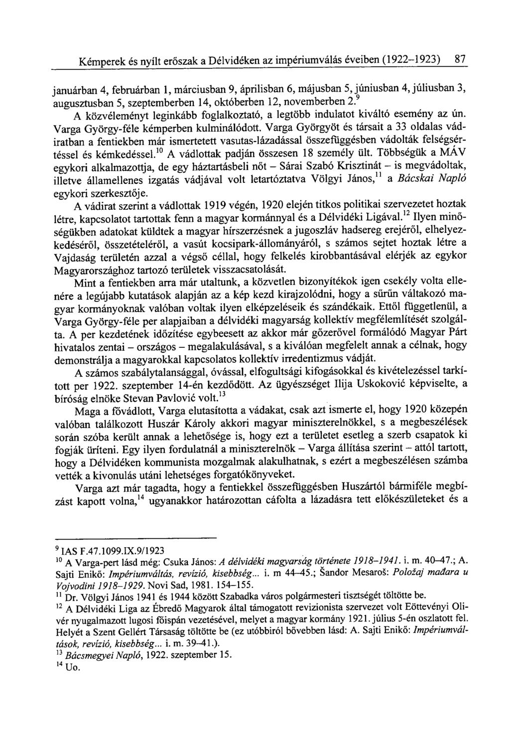 Kémperek és nyílt erőszak a Délvidéken az impériumválás éveiben (1922-1923) 87 januárban 4, februárban 1, márciusban 9, áprilisban 6, májusban 5, júniusban 4, júliusban 3, augusztusban 5,