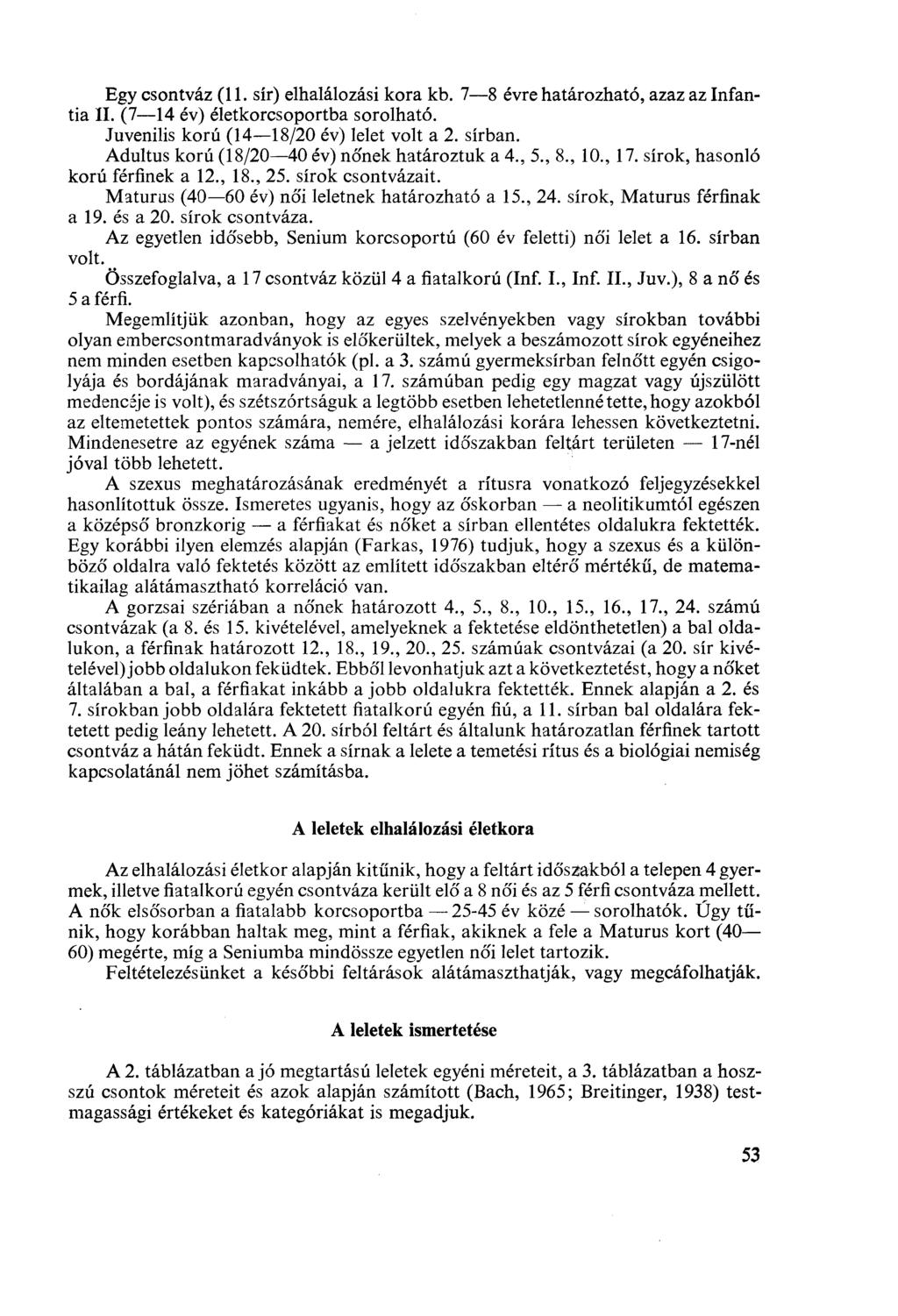 Egy csontváz (11. sír) elhalálozási kora kb. 7 8 évre határozható, azaz az Infantia II. (7 14 év) életkorcsoportba sorolható. Juvenilis korú (14 18/2 év) lelet volt a 2. sírban.