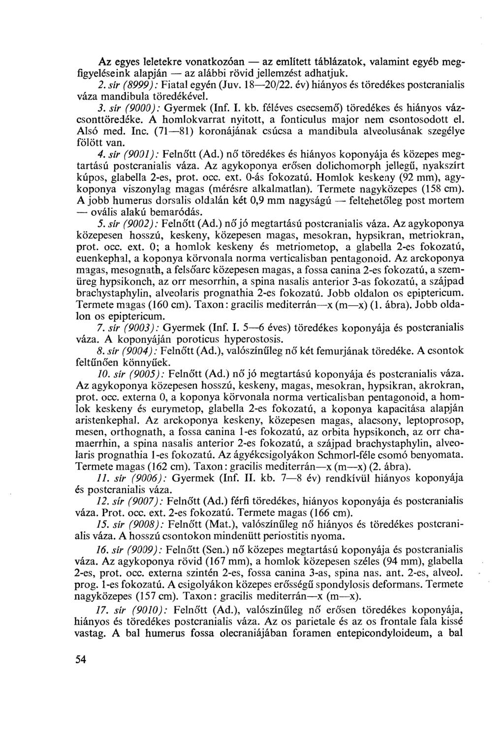 Az egyes leletekre vonatkozóan az említett táblázatok, valamint egyéb megfigyeléseink alapján az alábbi rövid jellemzést adhatjuk. 2. sír (8999) : Fiatal egyén (Juv. 18 2/22.